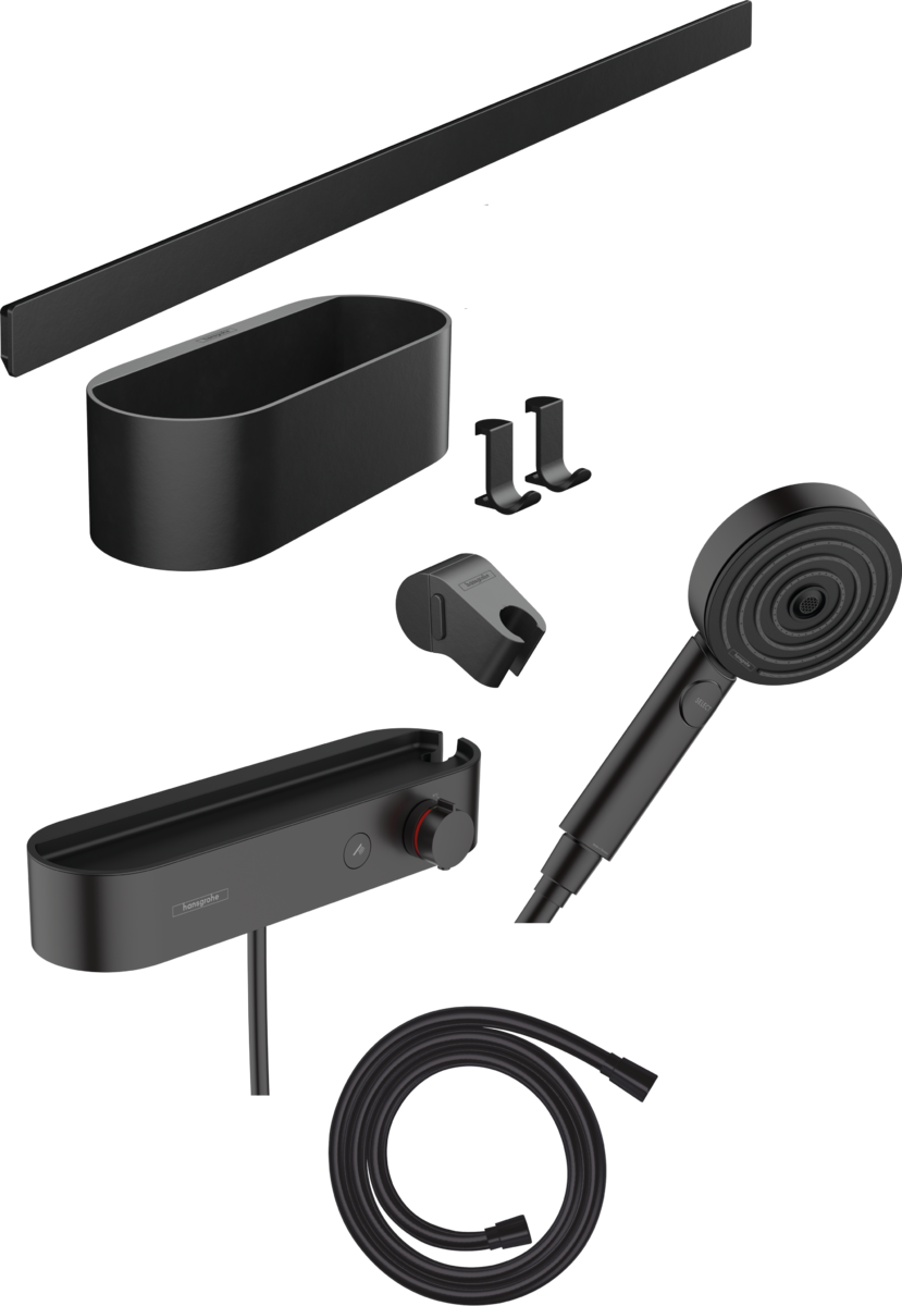 Hansgrohe WallStoris zestaw bateria prysznicowa termostatycznej, rączka, koszyk, półka, czarny mat - 24250670