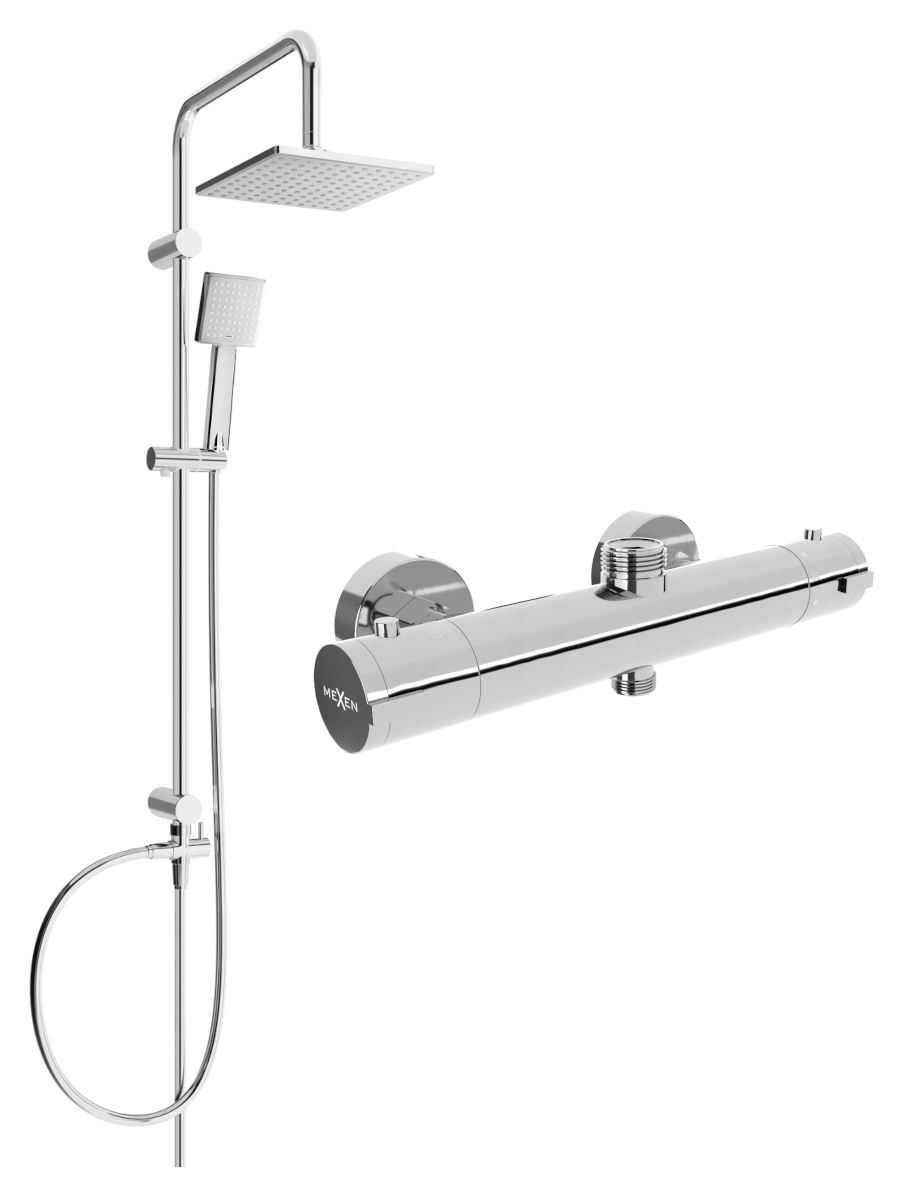 Mexen Tord zestaw prysznicowy natynkowy z deszczownicą i baterią prysznicową termostatyczną Kai, chrom - 77150200-00