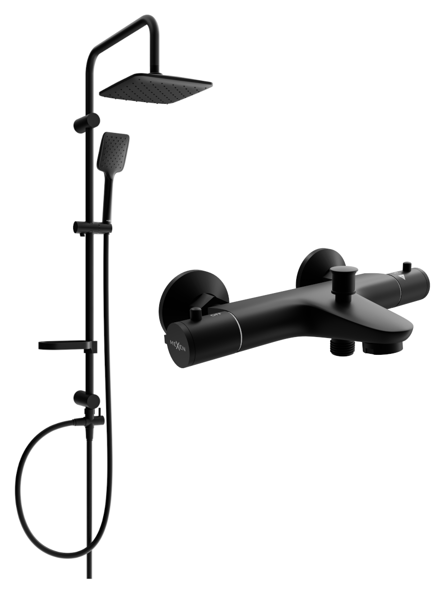 Mexen Sven zestaw wannowo-prysznicowy z deszczownicą i baterią wannową termostatyczną Nox, czarny - 77350262-70