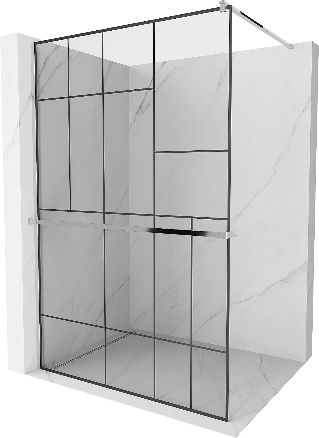 Mexen Kioto+ ścianka prysznicowa z półką i relingiem 120 x 200 cm, transparent/czarny wzór 8 mm, chrom - 800-120-121-01-78