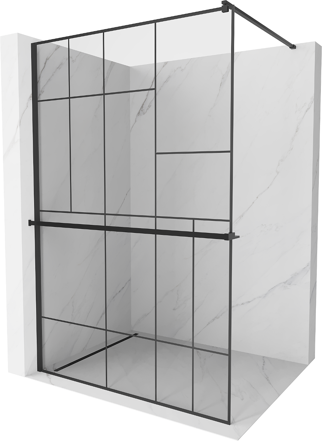 Mexen Kioto+ ścianka prysznicowa z półką i relingiem 120 x 200 cm, transparent/czarny wzór 8 mm, czarna - 800-120-121-70-78