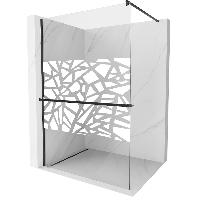 Mexen Kioto+ ścianka prysznicowa z półką i relingiem 70 x 200 cm, transparent/biały wzór 8 mm, czarna - 800-070-121-70-85