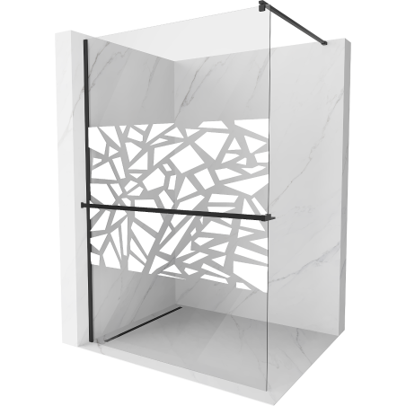 Mexen Kioto+ ścianka prysznicowa z półką i relingiem 90 x 200 cm, transparent/biały wzór 8 mm, czarna - 800-090-121-70-85