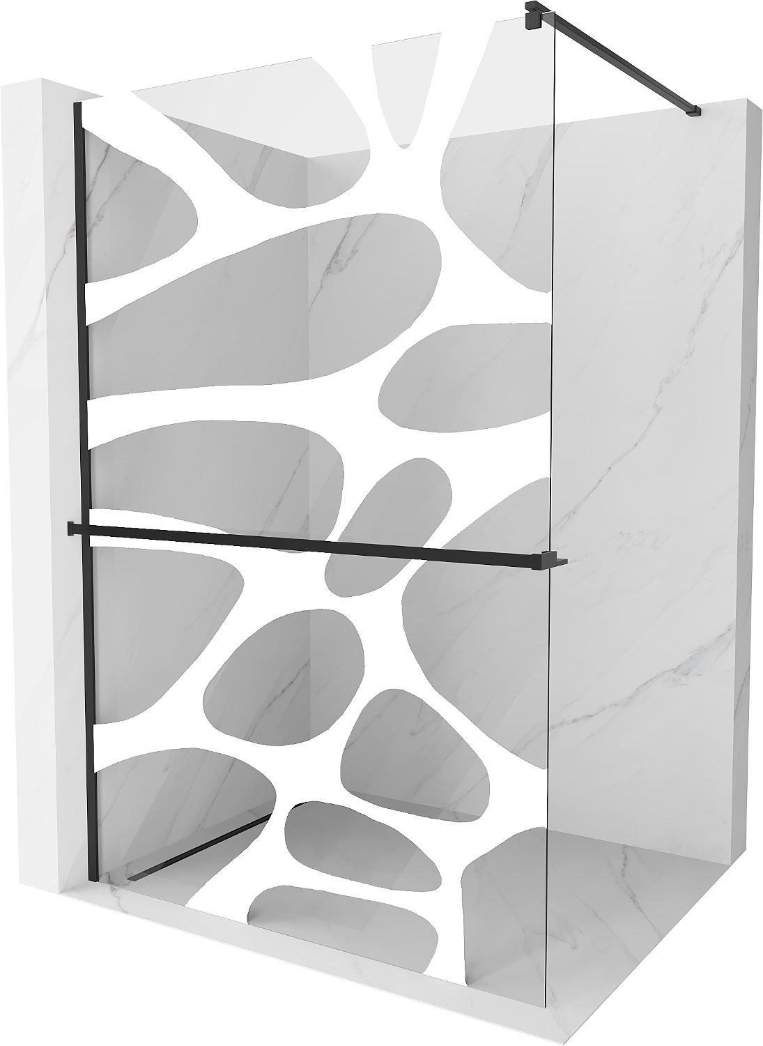 Mexen Kioto+ ścianka prysznicowa z półką i relingiem 110 x 200 cm, transparent/biały wzór 8 mm, czarna - 800-110-121-70-97