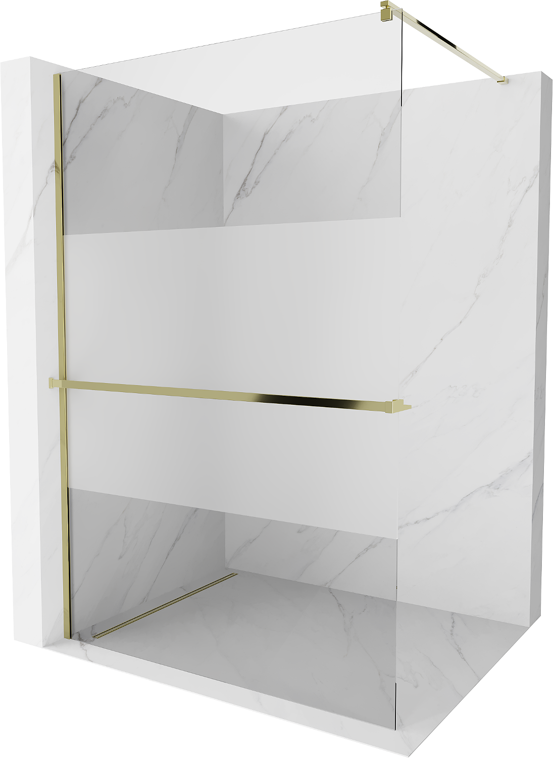 Mexen Kioto+ ścianka prysznicowa z półką i relingiem 90 x 200 cm, transparent/szron 8 mm, złota - 800-090-121-50-35