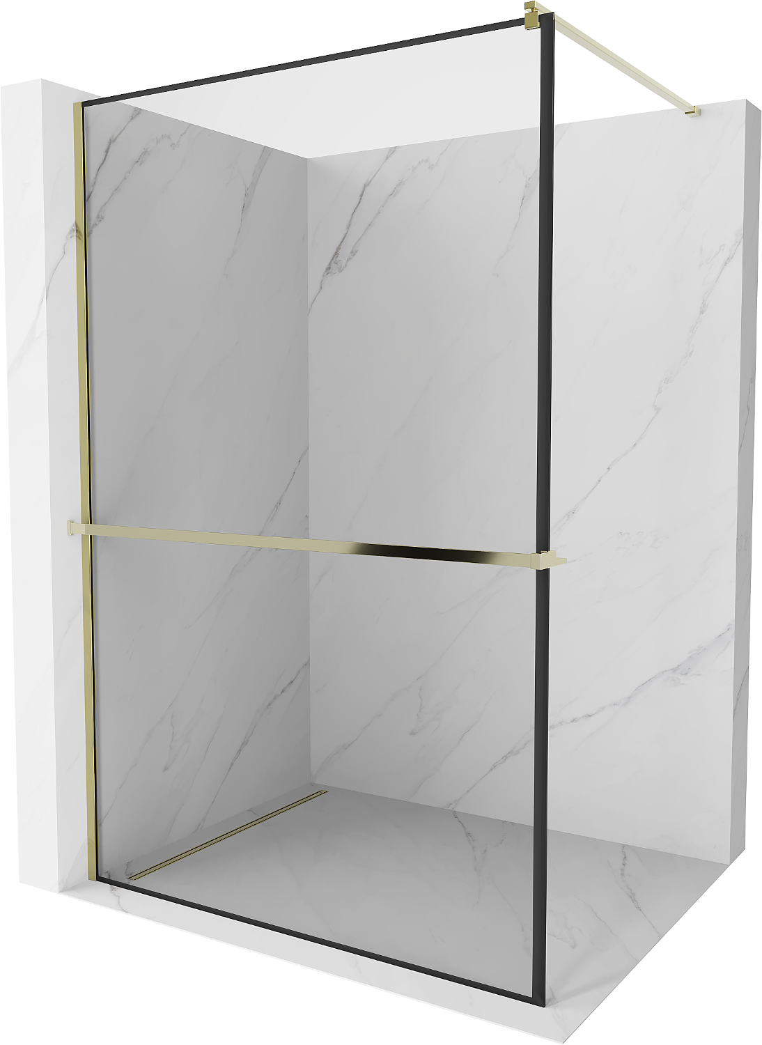 Mexen Kioto+ ścianka prysznicowa z półką i relingiem 120 x 200 cm, transparent/czarny wzór 8 mm, złota - 800-120-121-50-70