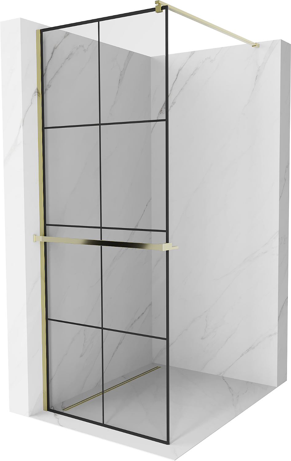 Mexen Kioto+ ścianka prysznicowa z półką i relingiem 80 x 200 cm, transparent/czarny wzór 8 mm, złota - 800-080-121-50-77