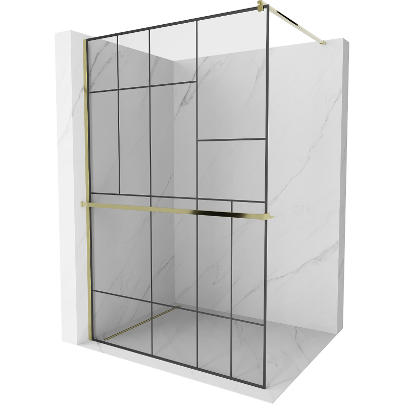 Mexen Kioto+ ścianka prysznicowa z półką i relingiem 100 x 200 cm, transparent/czarny wzór 8 mm, złota - 800-100-121-50-78