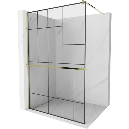 Mexen Kioto+ ścianka prysznicowa z półką i relingiem 100 x 200 cm, transparent/czarny wzór 8 mm, złota - 800-100-121-50-78