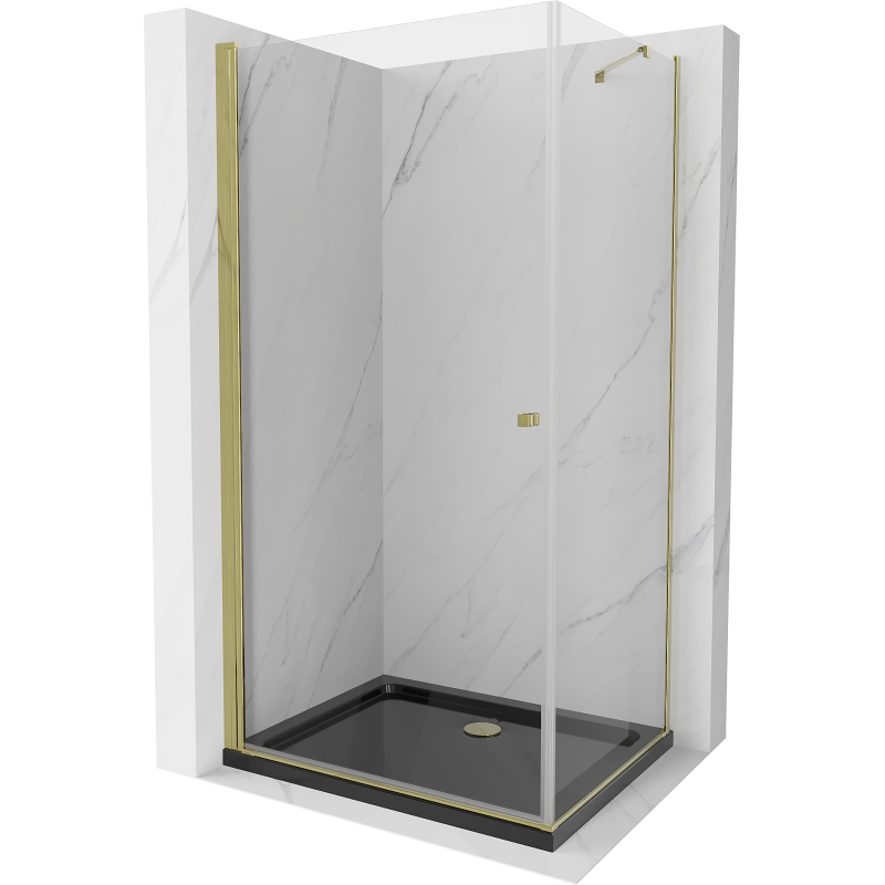 Mexen Pretoria kabina prysznicowa uchylna 70 x 80 cm, transparent, złota + brodzik Flat, czarny - 852-070-080-50-00-4070G