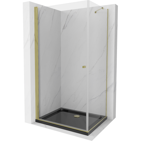 Mexen Pretoria kabina prysznicowa uchylna 70 x 90 cm, transparent, złota + brodzik Flat, czarny - 852-070-090-50-00-4070G