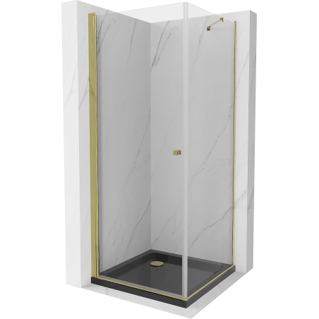 Mexen Pretoria kabina prysznicowa uchylna 100 x 100 cm, transparent, złota + brodzik Flat, czarny - 852-100-100-50-00-4070G