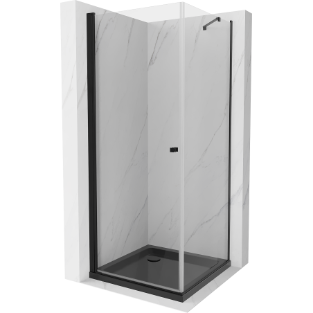 Mexen Pretoria kabina prysznicowa uchylna 90 x 90 cm, transparent, czarna + brodzik Flat, czarny - 852-090-090-70-00-4070B